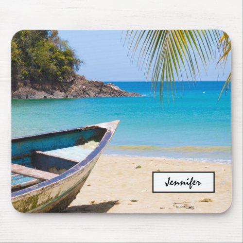 Beautiful Tropical Beach with a Rowboat Mouse Pad