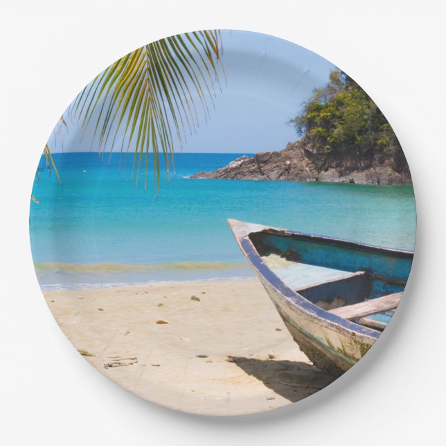 Beautiful Tropical Beach with a Rowboat Paper Plates (Front)
