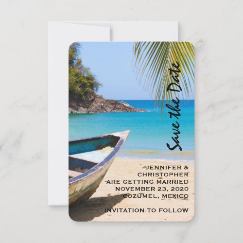 Beautiful Tropical Beach with a Rowboat Save The Date
