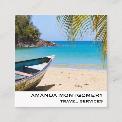 Beautiful Tropical Beach with a Rowboat Square Business Card