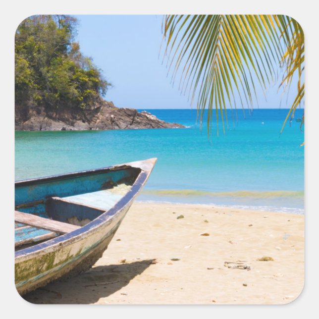 Beautiful Tropical Beach with a Rowboat Square Sticker (Front)