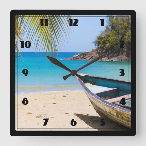 Beautiful Tropical Beach with a Rowboat Square Wall Clock