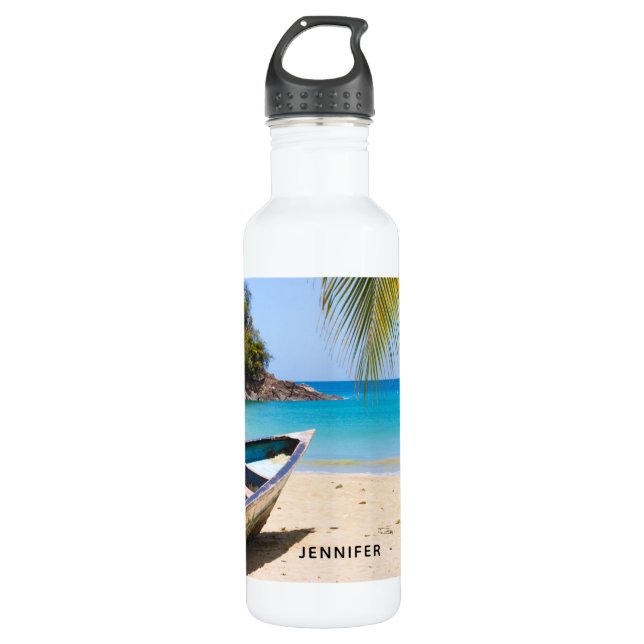 Beautiful Tropical Beach with a Rowboat Stainless Steel Water Bottle (Front)