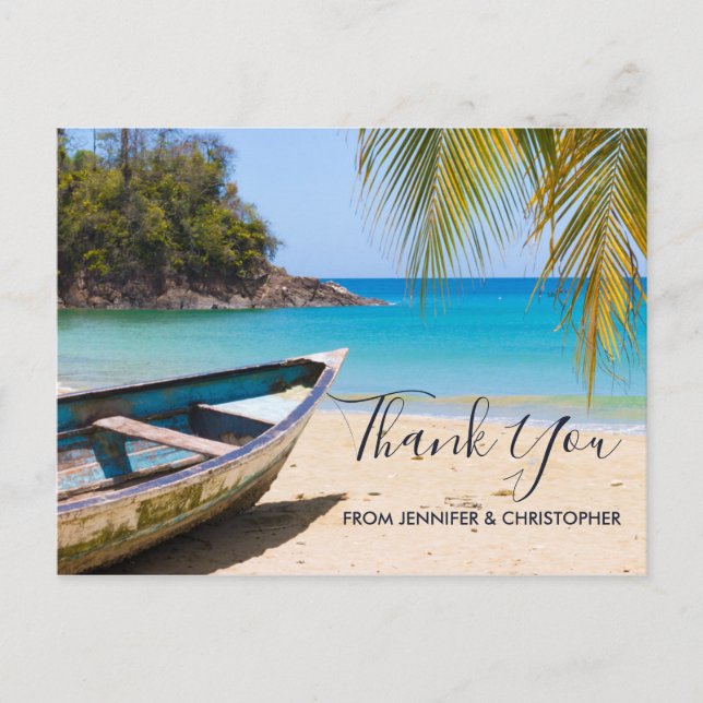 Beautiful Tropical Beach with a Rowboat Thank You Postcard (Front)