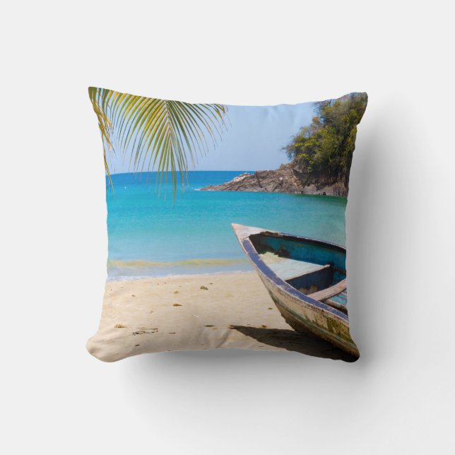 Beautiful Tropical Beach with a Rowboat Throw Pillow (Front)