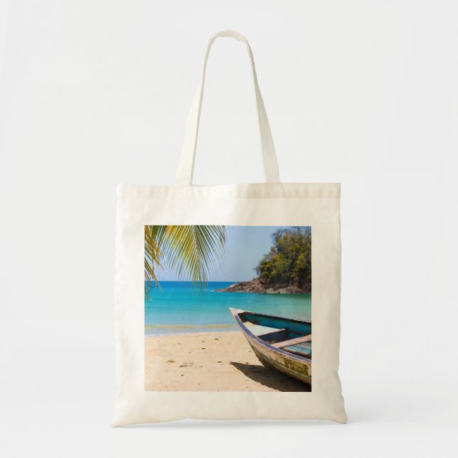 Beautiful Tropical Beach with a Rowboat Tote Bag (Front)