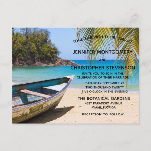 Beautiful Tropical Beach with a Rowboat Wedding Invitation Postcard