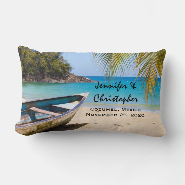 Beautiful Tropical Beach with a Rowboat Wedding Lumbar Pillow (Front)