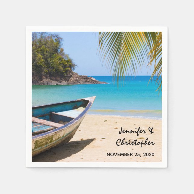 Beautiful Tropical Beach with a Rowboat Wedding Napkins (Front)