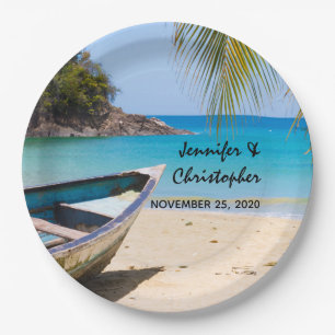Beautiful Tropical Beach with a Rowboat Wedding Paper Plates