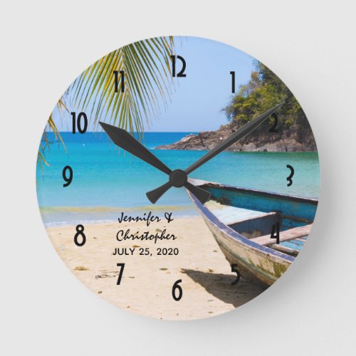 Beautiful Tropical Beach with a Rowboat Wedding Round Clock