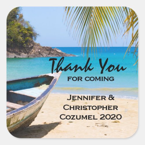 Beautiful Tropical Beach with a Rowboat Wedding Square Sticker