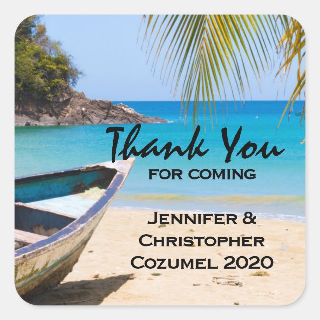 Beautiful Tropical Beach with a Rowboat Wedding Square Sticker (Front)