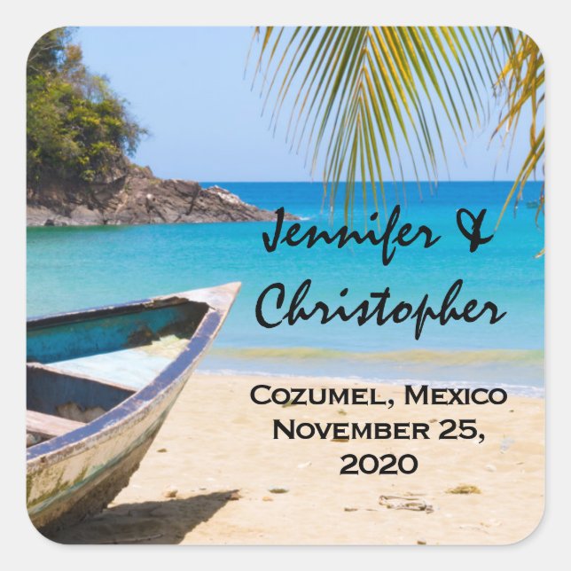 Beautiful Tropical Beach with a Rowboat Wedding Square Sticker (Front)