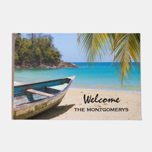 Beautiful Tropical Beach with a Rowboat Welcome Doormat