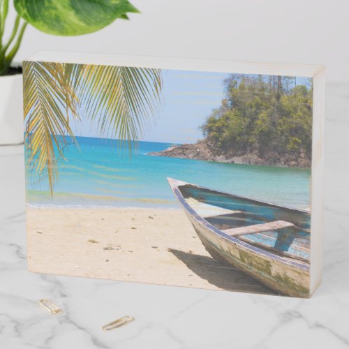 Beautiful Tropical Beach with a Rowboat Wooden Box Sign