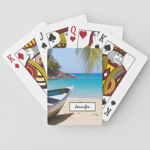 Beautiful Tropical Beach with an old Rowboat Poker Cards