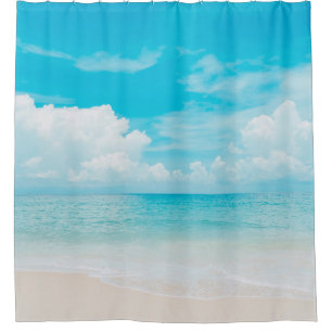 Beautiful tropical beach with blue sky and white c shower curtain
