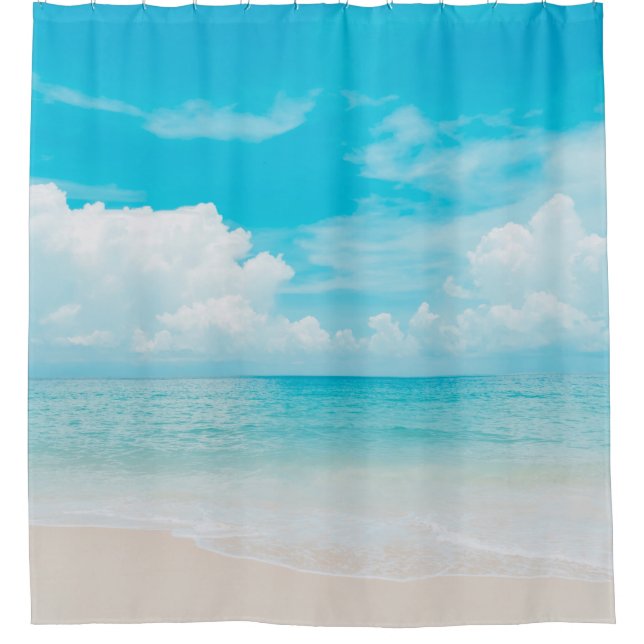 Beautiful tropical beach with blue sky and white c shower curtain (Front)