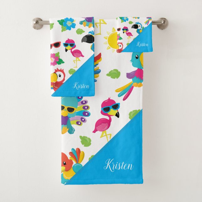 Beautiful Tropical Birds Colorful Paradise Pattern Bath Towel Set (Insitu)