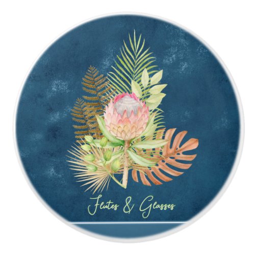 Beautiful tropical flowers on batik blue custom ceramic knob