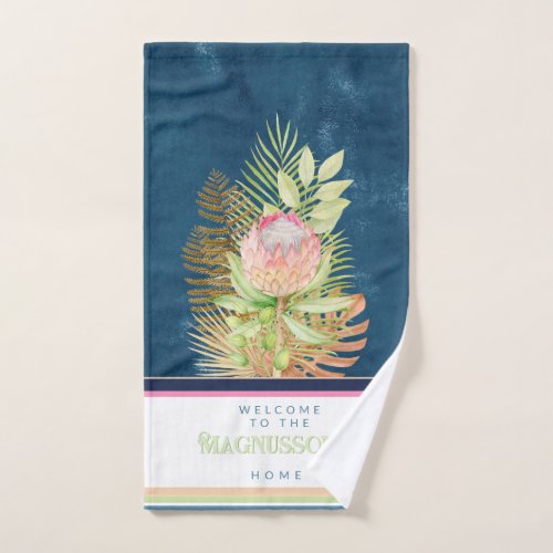 Beautiful tropical flowers on batik blue custom hand towel 