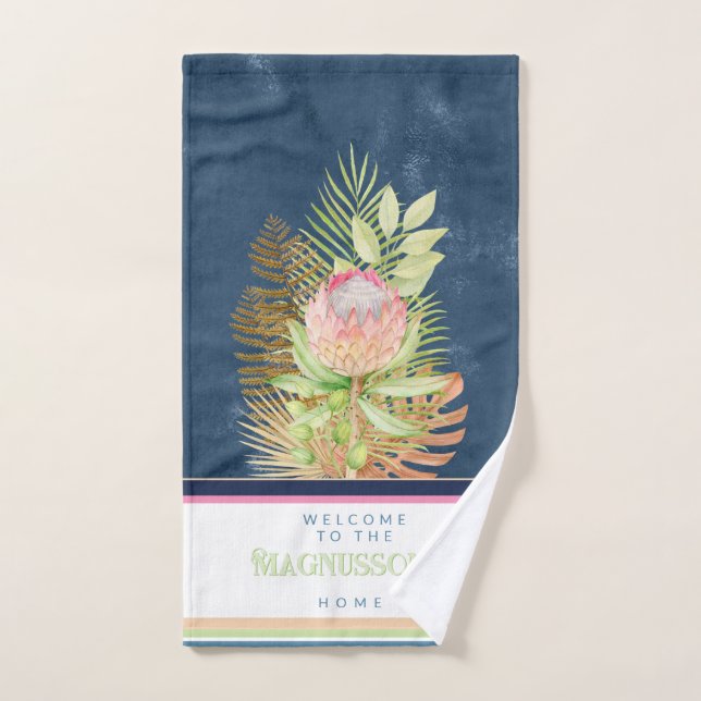 Beautiful tropical flowers on batik blue custom hand towel  (Hand Towel)