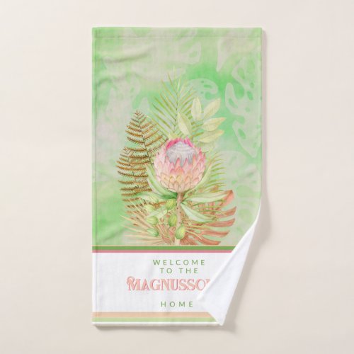 Beautiful tropical flowers on batik green custom hand towel 