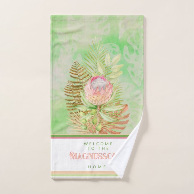 Beautiful tropical flowers on batik green custom hand towel  (Hand Towel)