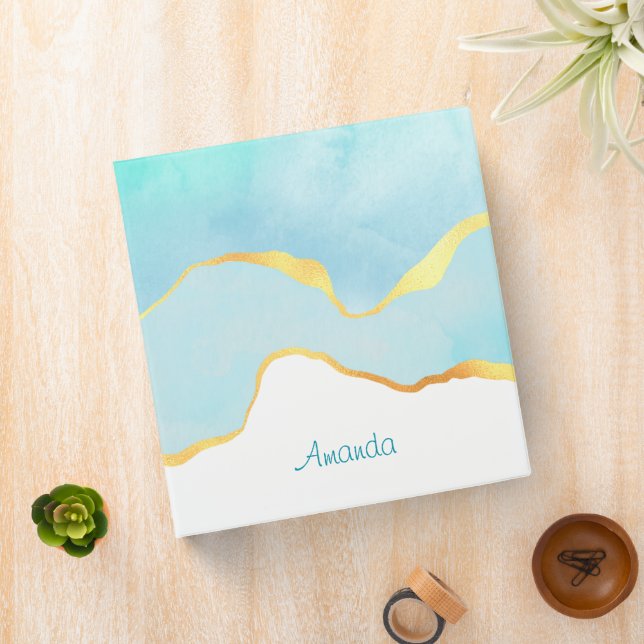 Beautiful Tropical Green Blue with Gold Border 3 Ring Binder (In Situ)