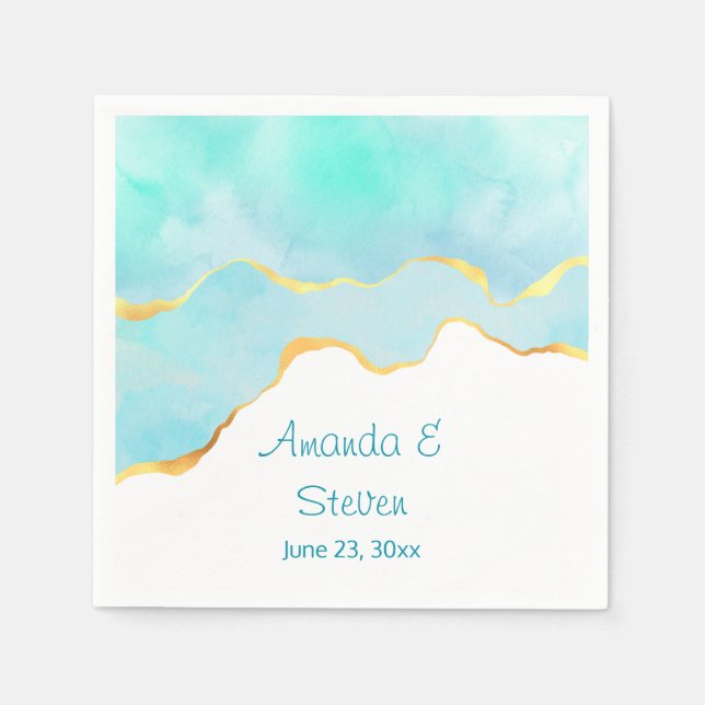 Beautiful Tropical Green Blue with Gold Border Napkins (Front)