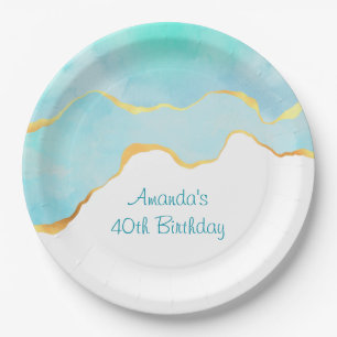 Beautiful Tropical Green Blue with Gold Border Paper Plates