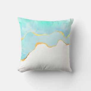 Beautiful Tropical Green Blue with Gold Border Throw Pillow