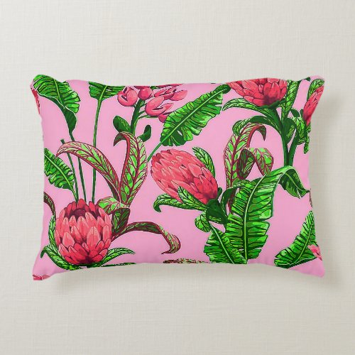 Beautiful Tropical Green Leaves with Red Flowers  Accent Pillow