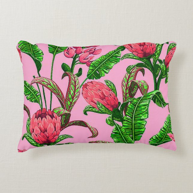 Beautiful Tropical Green Leaves with Red Flowers | Accent Pillow (Front)