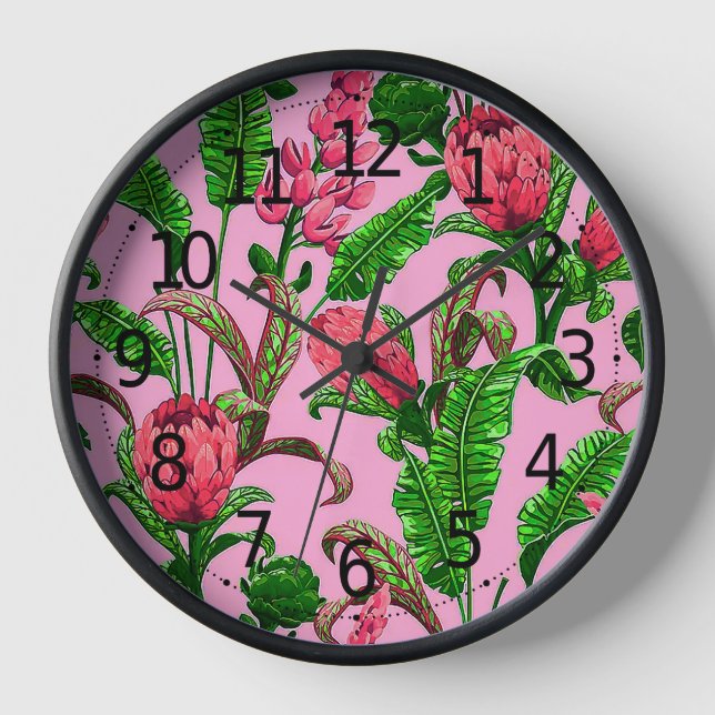 Beautiful Tropical Green Leaves with Red Flowers | Clock (Front)
