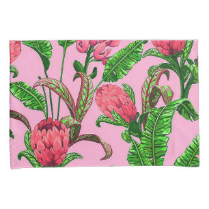 Beautiful Tropical Green Leaves with Red Flowers   Pillow Case