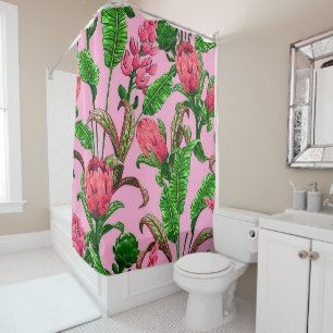 Beautiful Tropical Green Leaves with Red Flowers Shower Curtain