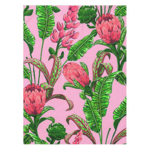 Beautiful Tropical Green Leaves with Red Flowers Tablecloth