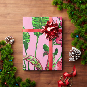 Beautiful Tropical Green Leaves with Red Flowers Wrapping Paper