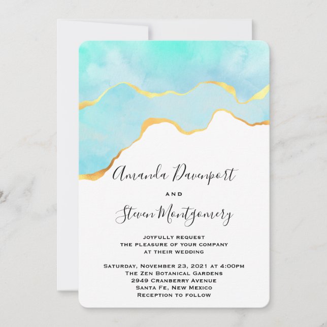 Beautiful Tropical Green with Gold Border Wedding Invitation (Front)