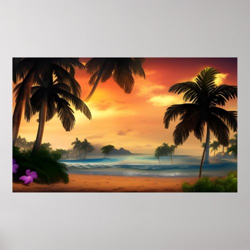 Beautiful Tropical island view ocean palm trees 2 Poster