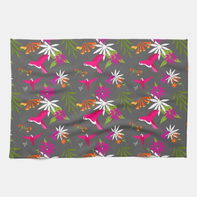 Beautiful Tropical Leaves and Hummingbirds Pattern Kitchen Towel (Horizontal)