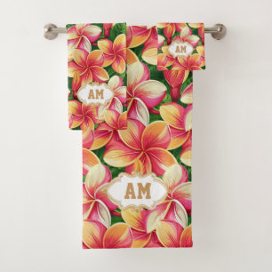 Beautiful Tropical Pink Flowers and Monogram Bath Towel Set