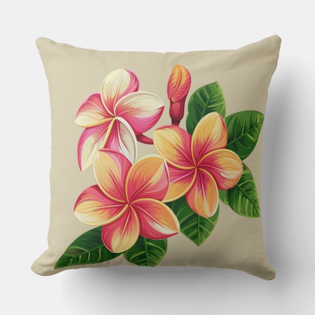 Beautiful Tropical Pink Flowers on Beige Throw Pillow (Front)
