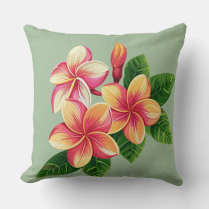 Beautiful Tropical Pink Flowers on Light Green Throw Pillow