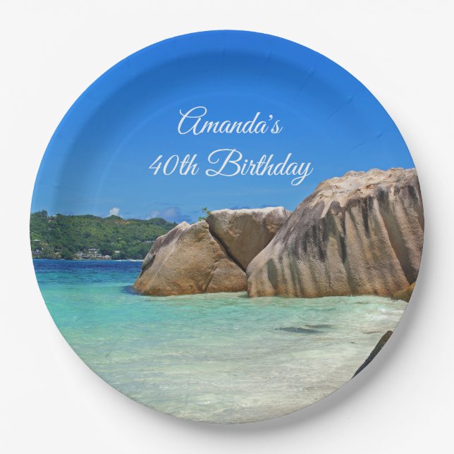 Beautiful Tropical Sea Rocky Coastline Birthday Paper Plates (Front)
