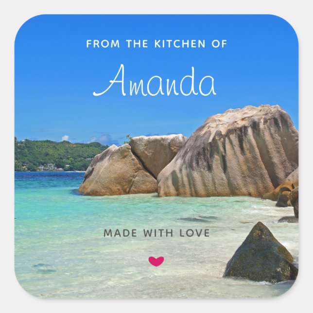 Beautiful Tropical Sea Rocky Coastline Kitchen Square Sticker (Front)