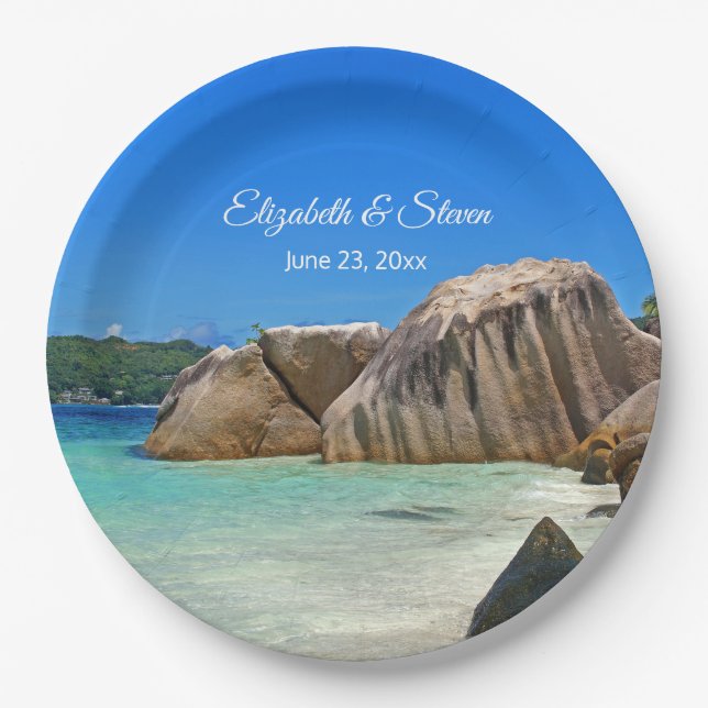Beautiful Tropical Sea Rocky Coastline Wedding Paper Plates (Front)