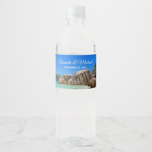 Beautiful Tropical Sea Rocky Coastline Wedding Water Bottle Label